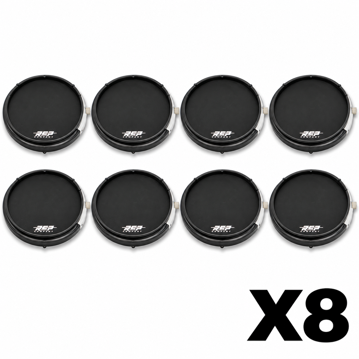 Eight RCP Active Snare 13-inch Midnight-Edition practice pads without laminate overlays