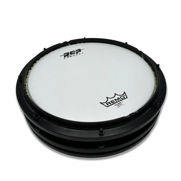 RCP 13-inch Hybrid Snare with white REMO Falams II head and black metal frame, angled view