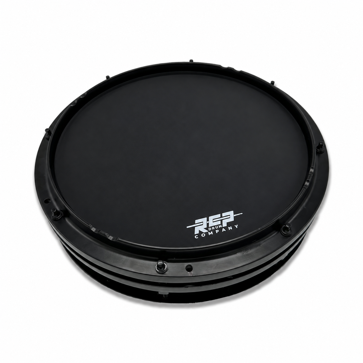 Underside of RCP 12-inch Hybrid Snare with black silicone rubber playing surface and white RCP logo