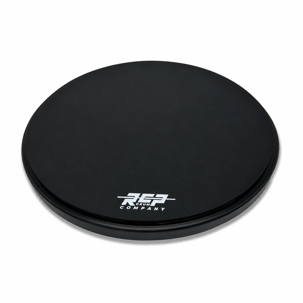 Black 12-inch silicone rubber bottom playing surface for RCP Hybrid Snare with white RCP logo