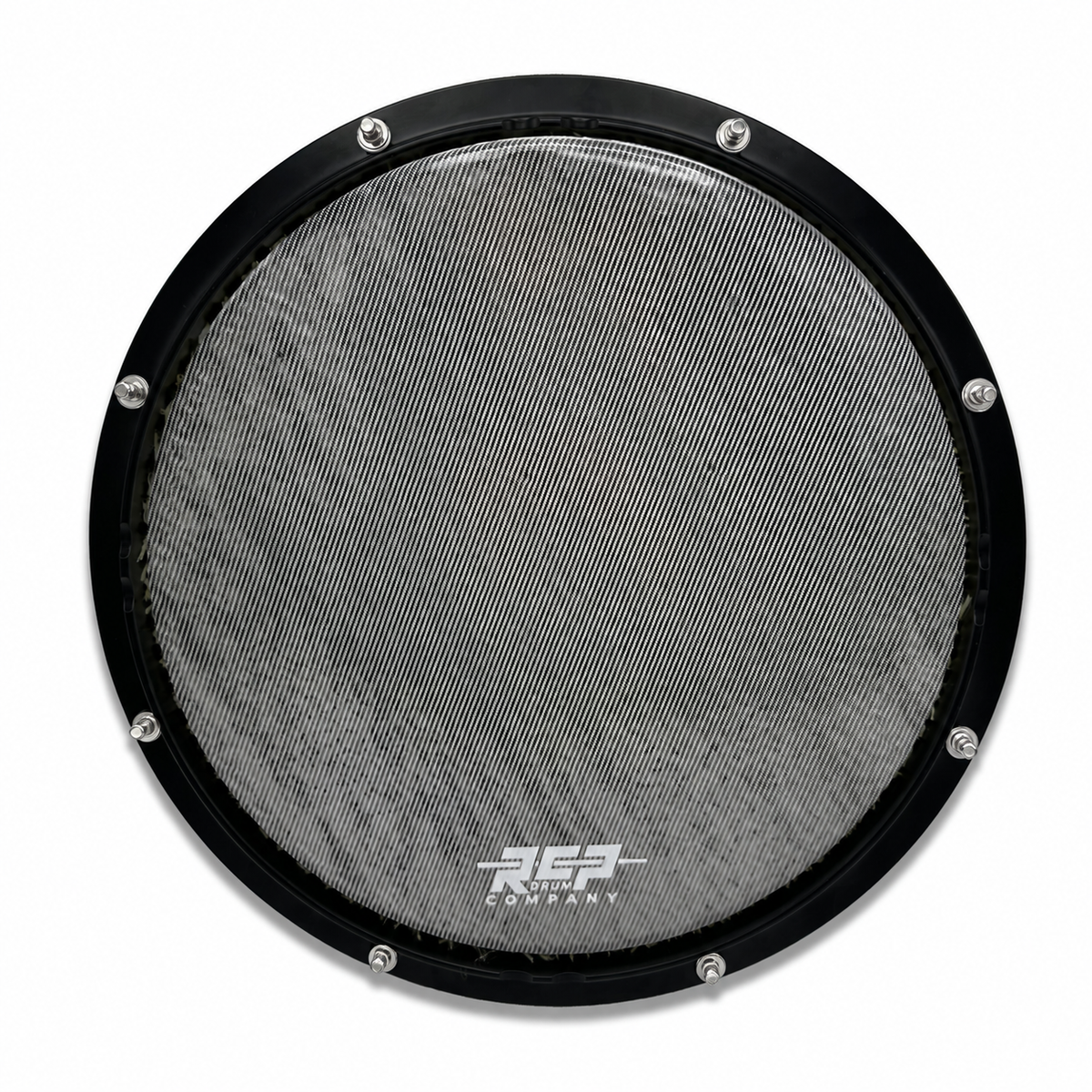 Top view of RCP 12-inch Hybrid Snare with gray RCP Marching Head and black rim