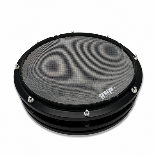 RCP 12-inch Hybrid Snare with gray RCP Marching Head and black frame, angled view