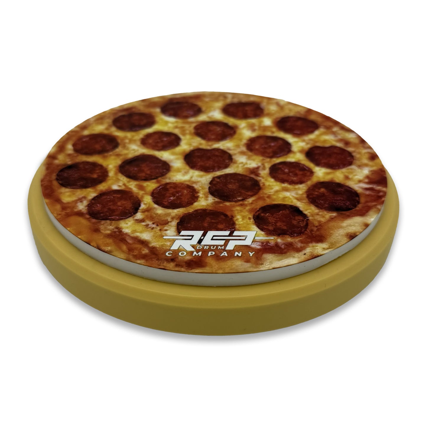 RCP Flex Series 6" Mini Pizza Pad® with yellow base and pizza graphic on head