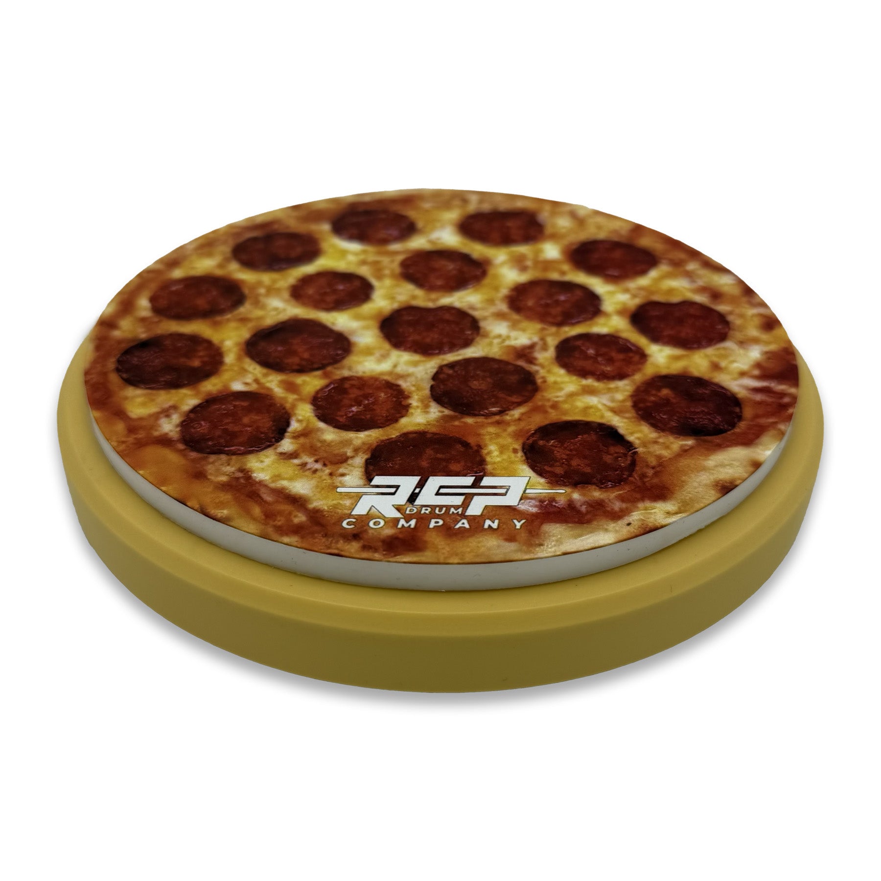 RCP Flex Series 6" Mini Pizza Pad® with yellow base and pizza graphic on head