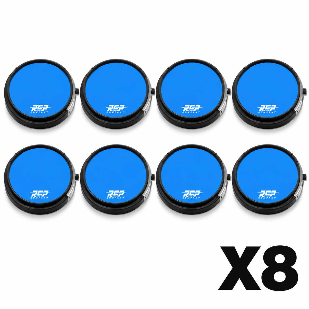 Eight RCP Active Snare 13-inch Blue practice pads without laminate overlays