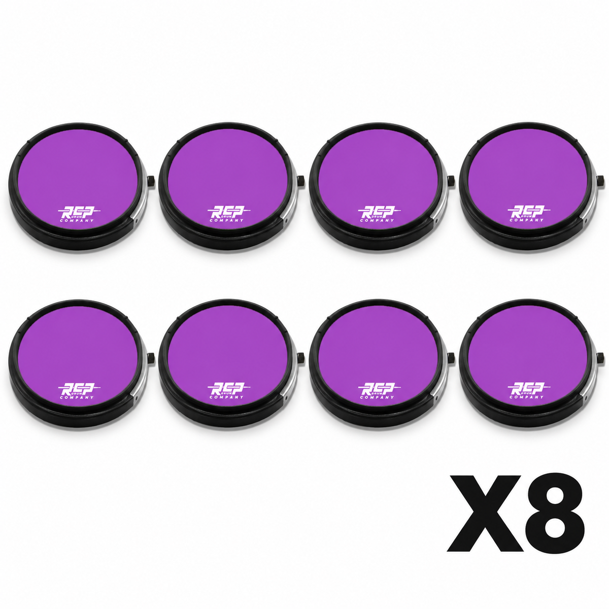 Eight RCP Active Snare 13-inch Purple-Black practice pads without laminate overlays