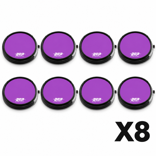 Eight RCP Active Snare 13-inch Purple-Black practice pads without laminate overlays