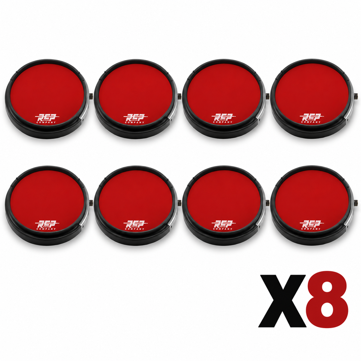 Eight RCP Active Snare 13-inch Red-Black practice pads without laminate overlays