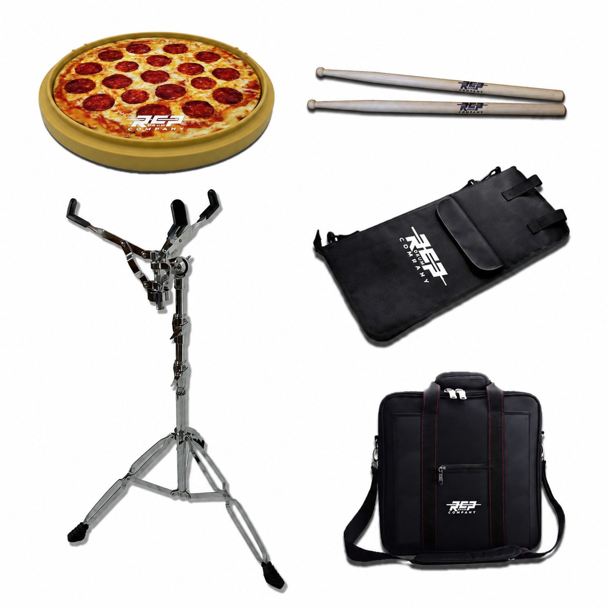 RCP Strike Series 14-inch Pizza Pad deal pack with medium duty stand, drumsticks, stick bag and practice pad carry bag
