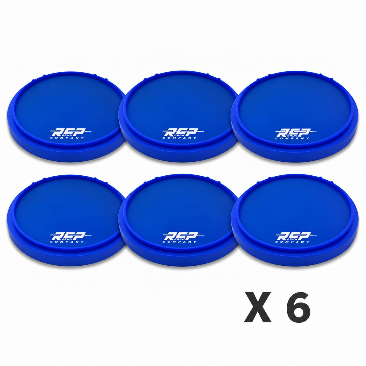 Six RCP Strike Series 14-inch Blue practice pads without laminates