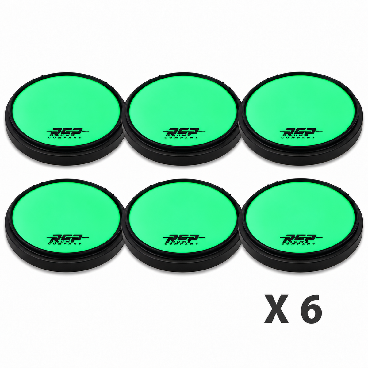 Six RCP Strike Series 14-inch Glow in the Dark practice pads without laminates