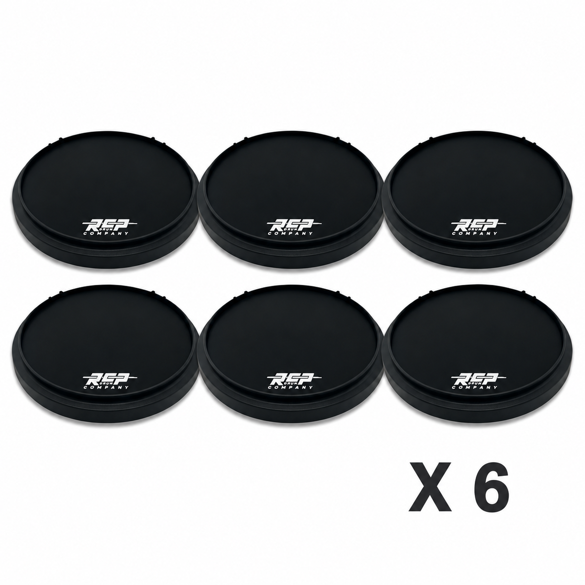 Six RCP Strike Series 14-inch Midnight-Edition practice pads without laminates