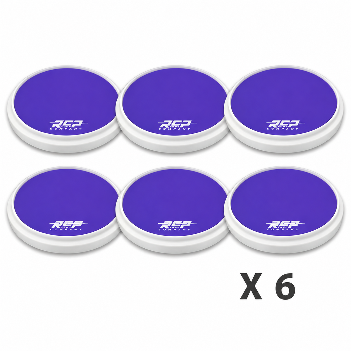 Six RCP Strike Series 14-inch Purple-White practice pads without laminates