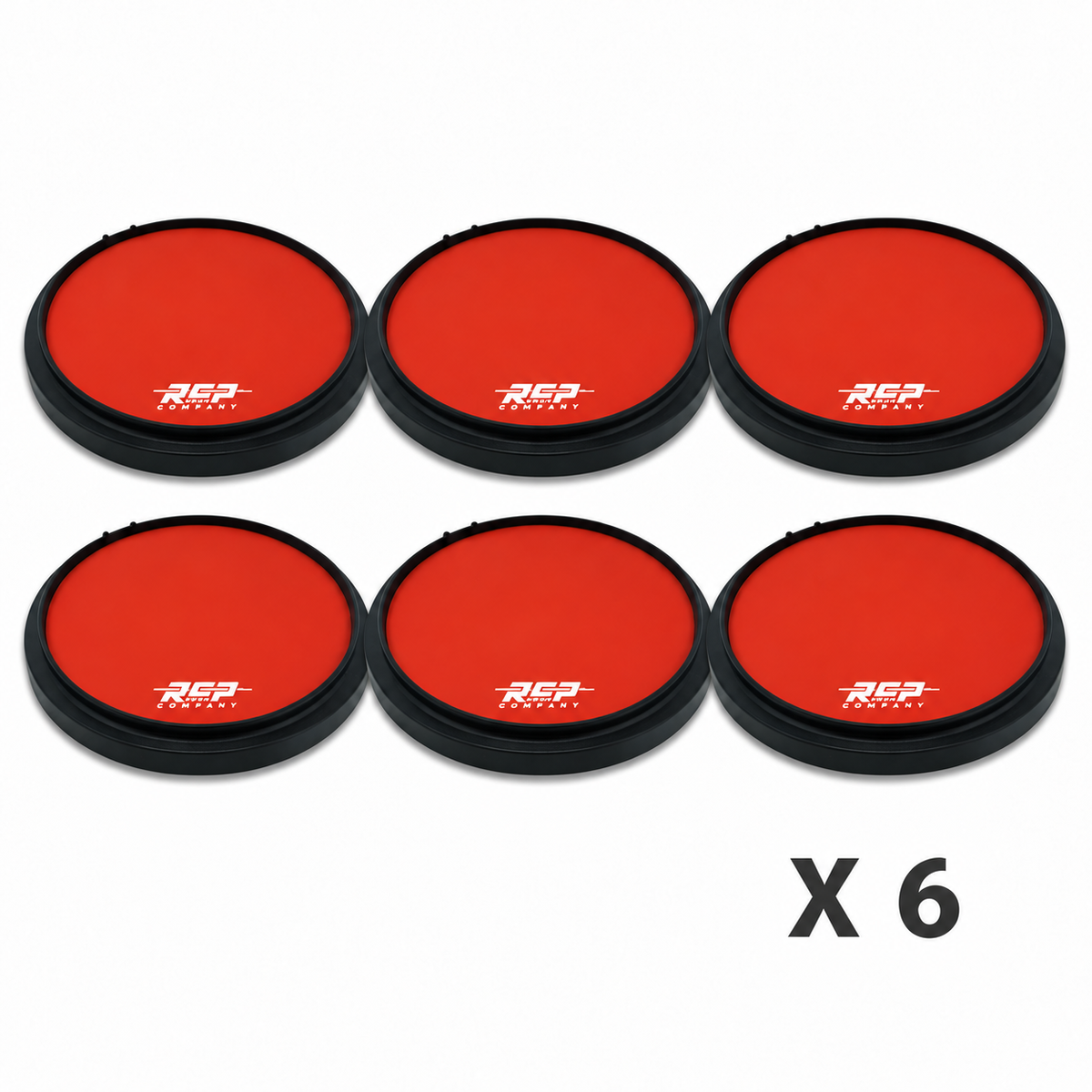 Six RCP Strike Series 14-inch Red-Black practice pads without laminates