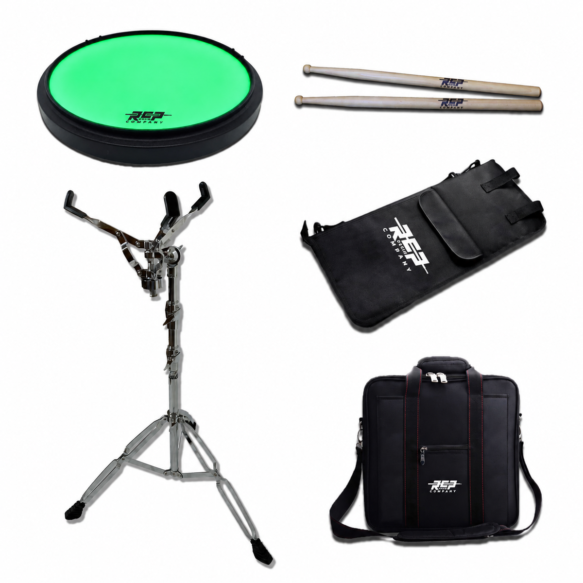 RCP Strike Series 14-inch Glow in the Dark practice pad deal pack with stand, drumsticks, stick bag and carry bag