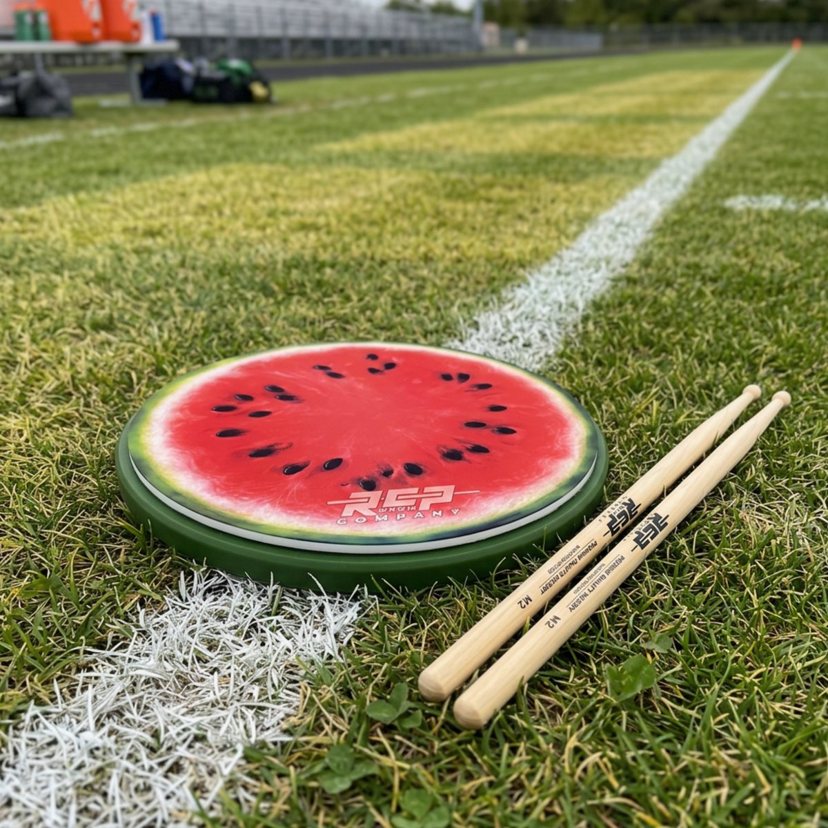 RCP Watermelon practice pad and drumsticks on grass beside a field line