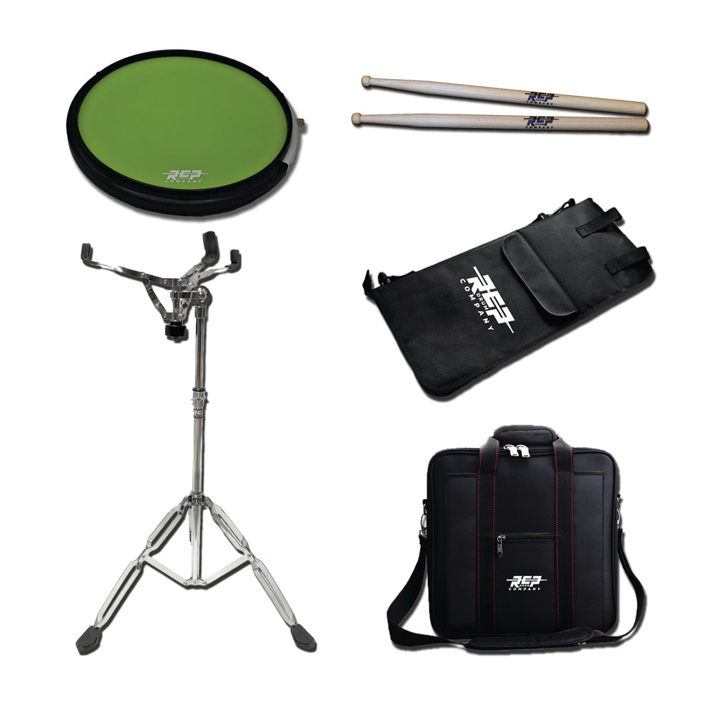Active Practice Drum Pad Deal Pack With Pad, Stand, Carry Bag, Stick Bag and Sticks  RCP Drum Company Lime 7A 